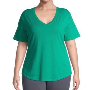 Women's Plus Size V Neck T-shirt GREEN Super Soft Curved Hem Terra & Sky NEW